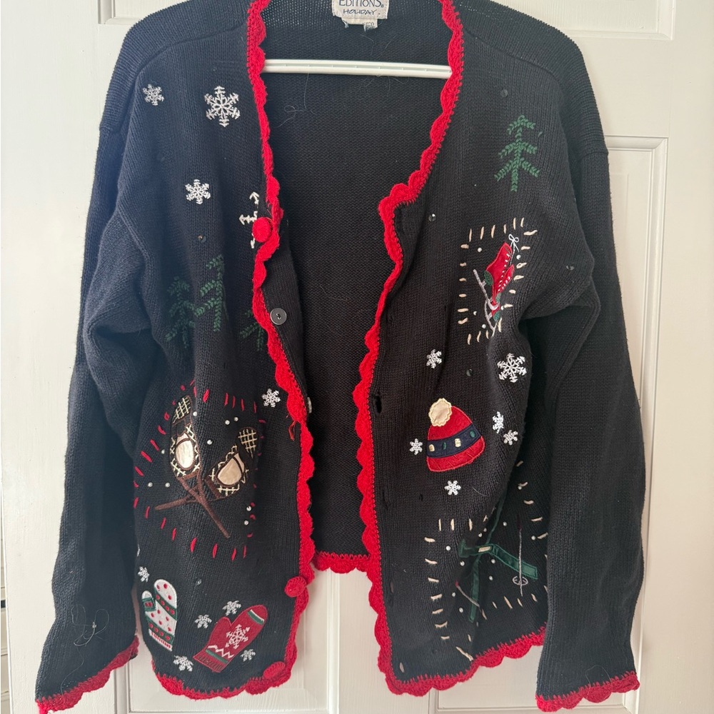 Festive Black Sweater with Red Trim Ugly Christmas sweater ski Santa